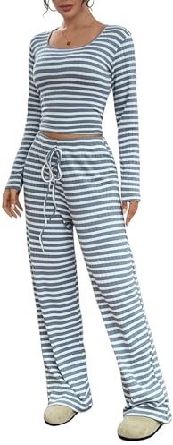 SotRong Women's Striped Pajama Set with Long-Sleeve Crop Top and Wide-Leg Pants Blue White Stripe Loungewear Elastic Waist Drawstring Soft Lightweight Sleepwear Cozy Casual Two-Piece Outfit for Home L