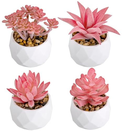 Set of 4 Miniature Artificial Succulents,Realistic Mini Plant in White Pots,Small Fake Plants Indoor for Bedroom Aesthetic Living Room Shelf Decor, Office Decor for Women Desk Pink Faux Succulents