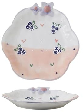 APVPOPOKGM Lot de 2 assiettes en céramique de 20 cm (8 pouces) à décor floral en relief, peintes à la main, for petit-déjeuner, dessert, légumes, fruits, pâtes et salades.(Blueberry)