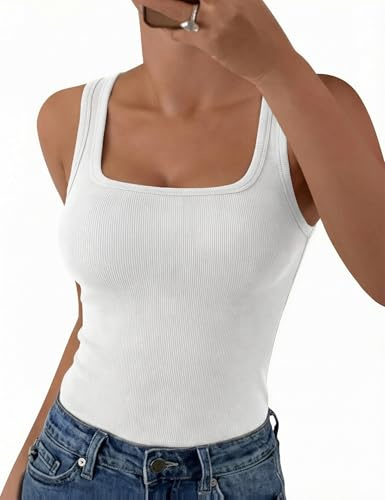 Aottori Camiseta sin Mangas Mujer Verano Cuello Cuadrado Tops Ajustado Elástico Camisetas Tirantes Elegante Punto Tank Top Sólido Básica Chalecos Top