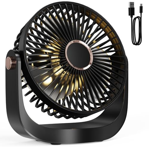 AICPAN Ventilador de Mesa Portátil Silencioso con Luz Nocturna, Recargable USB 3000mAh, 5 Velocidades, Ajustable 360° para Oficina y Dormitorio y Constituir,Negro