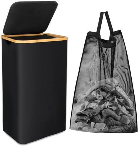 Laundry Basket with Wheels, 100L Large Foldable Laundry Hamper with Lid and Removable Inner Bag, Slim Rolling Laundry Bin for Bedroom Bathroom (Black)