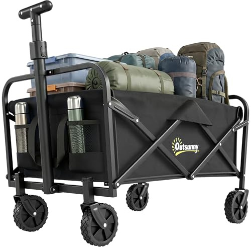 Outsunny Carrello da Giardino da 62L con Ruote Girevoli, Carrello Spiaggia Pieghevole in Metallo e Tessuto Oxford con Borsa e Maniglia Girevole e Regolabile, 76x48x86 cm, Nero