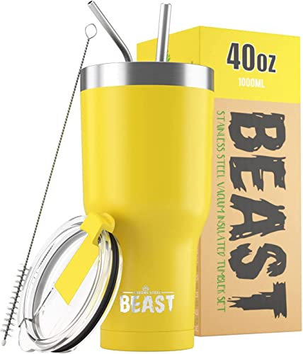 Greens Steel Beast Tumbler – 1050 ml (40 oz), Zitrone | Wiederverwendbarer Edelstahl, vakuumisolierter Becher | mit 2 Strohhalmen & Reinigungsbürste | Doppelwandiger Reise-Thermobecher