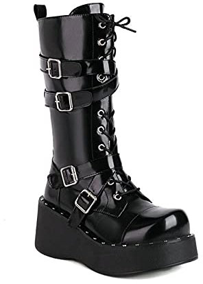 Plataforma de cuña Botines para Mujer Negro Charol con Cordones Botas A Media Pierna Punk Rock gótico Metal Hebilla Combate Militar Largas Botas,Negro,38 EU