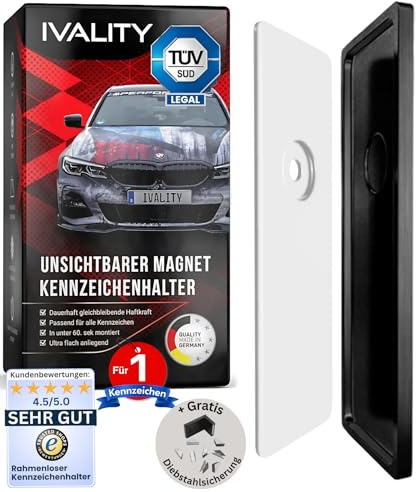 Ivality Porta targa Magnetico Senza Cornice per 1 Targa, Supporto Magnetico Invisibile per Auto, Portatarga Intercambiabile Austria, Omologato Stradale, Testato TÜV fino a 350 km/h