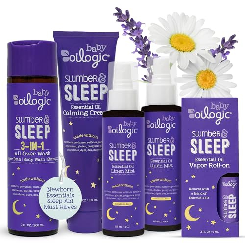 Oilogic Slumber & Sleep Bath Baby Essentials Gift Set - Includes All Over Wash, Calming Cream, Sleep Spray & Roll-On Essential Oils - Pediatrician-Tested Sleep, Comfort & Wellness Blends for Babies