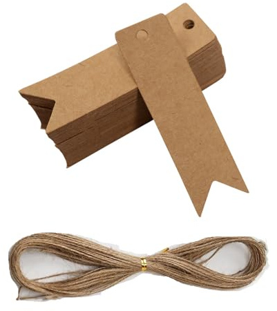 BOBOZHONG Etiquetas de Regalo,100 Piezas Etiquetas de Papel Kraft,Mini Etiquetas Colgantes,Etiquetas Regalo de Papel,para Kraft,Bodas,Fiestas,Adornos navideños con Cuerda de Yute de 20M(7 x 2 cm)