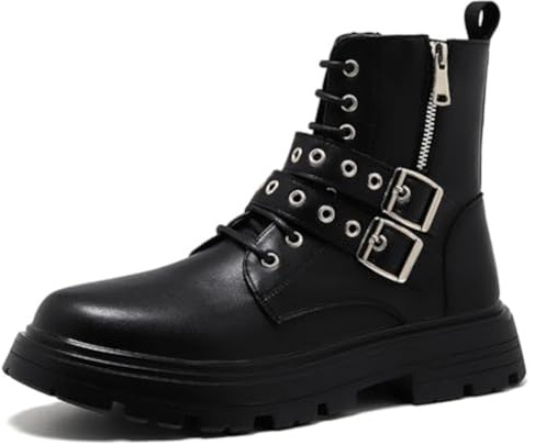 Men's Black Leather Platform Ankle Boots Lace up Side Zip Adjustable Buckle Lug Sole Non-Slip Combat Booties Fashion Punk Motorcycle Boots (12)