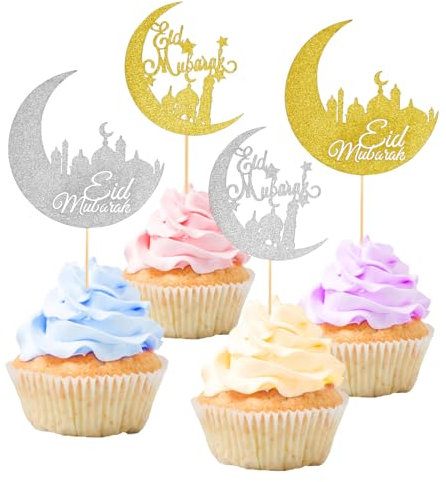 24 Stück Eid Mubarak Cake Topper, Glitzer Gold Silber Ramadan Cupcake Topper Mond Cupcake Picks Kareem Kuchendekoration für Islamische Muslimische Geburtstag Mottoparty Gastgeschenke Zubehör