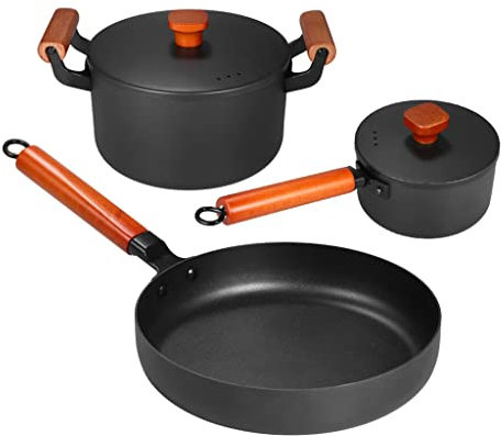 FEIGUO Set di pentole in ghisa da 3 Pezzi, pentola in Ferro Antiaderente, pentola per zuppa, Latte, Padella per Cucina e dispensa (Svart (Svart Come Mostrato nell'immagine)