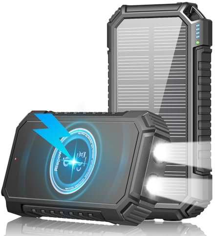 Cargador Solar 26800mAh Batería Externa: Riapow Power Bank con 4 Salidas Carga Rápida USB C PD 3.0 Cargador Portátil Inalámbrico con Linterna LED para Teléfono, Tabletas y Camping (Negro)
