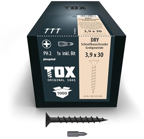 TOX Tornillos para cartón yeso DRY GG 3,9 x 30 mm, magazinados para montaje rápido con destornillador de cargador, rosca gruesa, cartón yeso sobre subestructura de madera, 1000 piezas, 142353253930