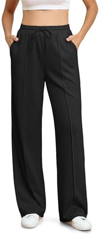 BEIGAI Damen Hose Casual Dehnbar Hohe Taille Weites Bein Hosen Outdoor Jogpants Trainingshose Yogahose mit Taschen,Schwarz,XXL