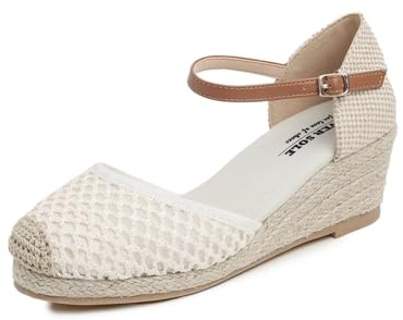Feversole Slingback sandaler damer espadriller platåkilsandaler med stängd kilklack, sommarskor, sommarpumps, damskor, Krämfärgad nätkil av jute, 39 EU