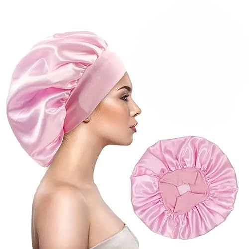 IMAXWAVE Gorro de satén para dormir cabello rizado con banda elástica ancha, anti frizz, protector de rizos y retención de humedad para mujeres y niñas, Gorro de ducha, Elástico, Rosa
