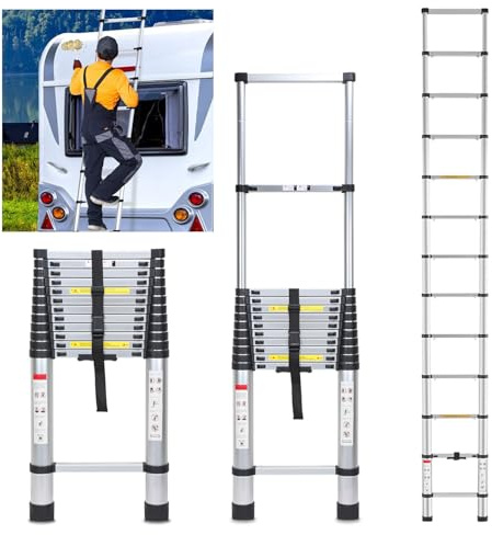 Fiqops teleskopstege 5 m utdragbar stege aluminium 150 kg lastkapacitet, halkfri aluminiumstege stående stege multifunktionsstege utdragbar aluminiumstege, teleskop utdragbar stege