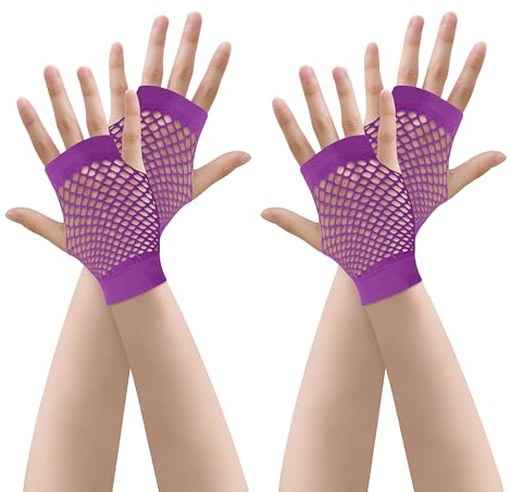 JUNART 2 par långa fisknäthandskar, 4 färger, stretchiga fingerlösa näthandskar för temafester, föreställningar, cosplay, kostymtillbehör, Kort-2 lila, Short