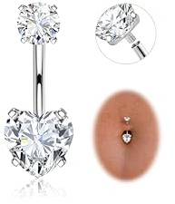 CASSIECA 14G Piercing Ombelico Acciaio Chirurgico Piercing Ombelico Argento Piercings a Banana CZ Cuore Barra Piercings for Donna 12mm