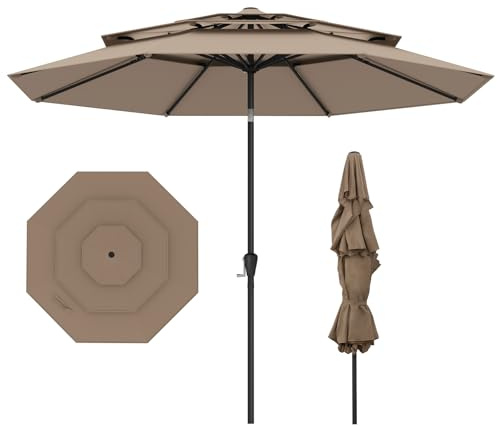 COSTWAY Ombrellone Giardino 300 cm, Ombrellone 3 Livelli con Ventilazione, Inclinazione Regolabile, Manovella, 8 Costole, per Giardino Spiaggia Piscina (Marrone)