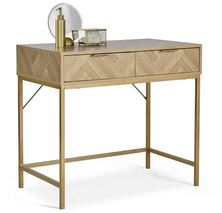 VonHaus Dressing Table for Bedroom - Herringbone 2 Drawer Vanity Desk with Gold Handles & Legs - Modern Scandi Makeup Desk for Dressing Room - Light Wood Effect Vanity Table - Ducie