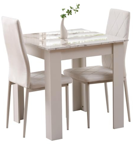 Rainbow Tree Modern 3 Piece Dining Room Table and Chairs Set, Wooden Square Table with 2 Chairs for Small Space Apartment Space Saving (White Marble Table+2 White Argyle Velvet Chair)