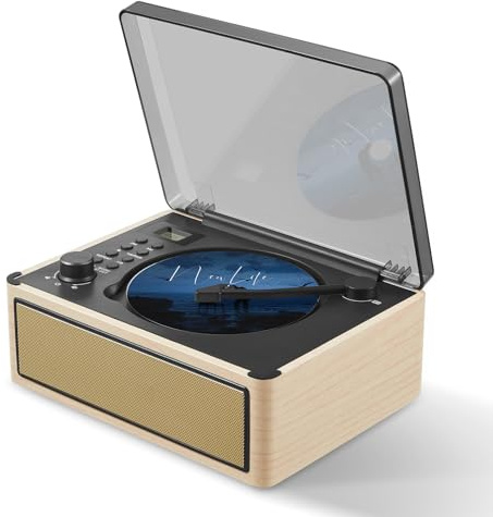 Gelielim Retro CD Player Boombox, Desktop CD Player with Bluetooth in/Out, Rechargeable Battery, HiFi Speakers, Wooden Vintage FM Radio Music Player for Home, AUX/USB/Headphone Jack,Natural White