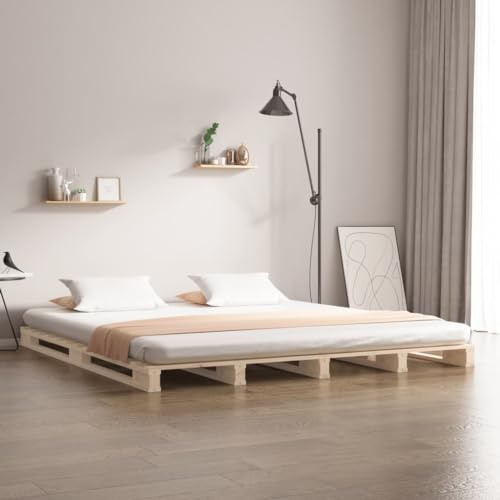 Teenpull Solid Pine Pallet Bed 160 x 200 cm, Sturdy Wooden Bed Frame, Modern Platform Bed Frame with Integrated Slatted Frame for Restful Sleep, Natural Bedroom Furniture