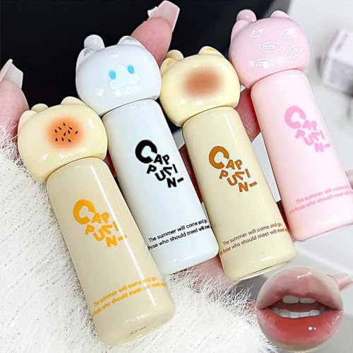 4PCS Cute Cat Jelly Lip Glaze Plumping Lip Gloss, Korean Lip Stain Long Lasting, Non-Sticky, Lip Tint Hydrating Natural Lipstick for Women