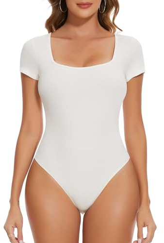 HHRFCS Kvinnor Kortärmad Body Besättning/Firkantig/V-ringad Stringtrosa Bodysuit Topp Enkel undertröja Ribbad Enfärgad Tshirt Toppar