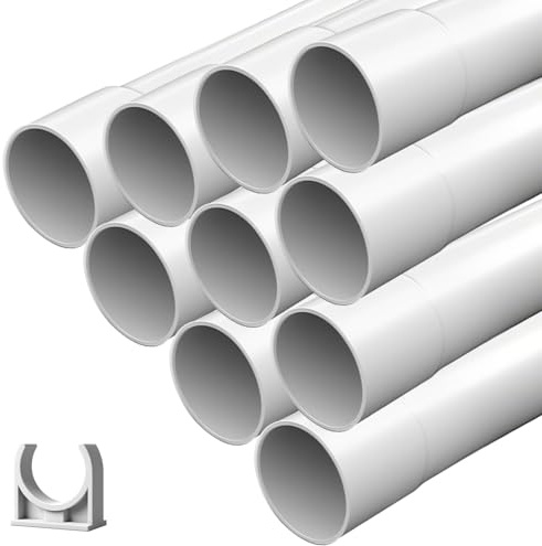 Installationsrör M32 muffat 10 m, VPE-rör med 20 x klämklämmor, kabelrör styvt PVC, rör muffat, vitt