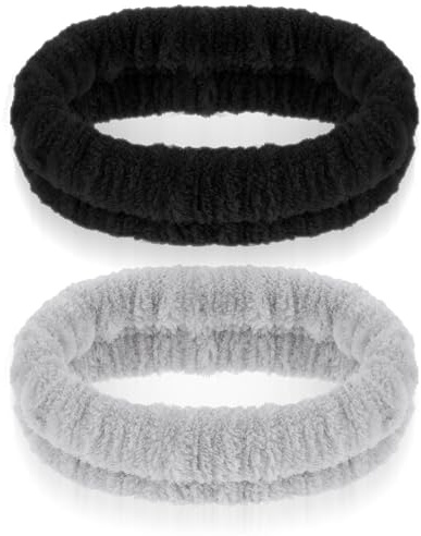 DOPENSPI 2 Pcs Spa Headband, Soft Flannel Makeup Headbands for Washing Face Quick Drying Hair Bands Headband for Women Men Yoga Shower (Grey, Black)