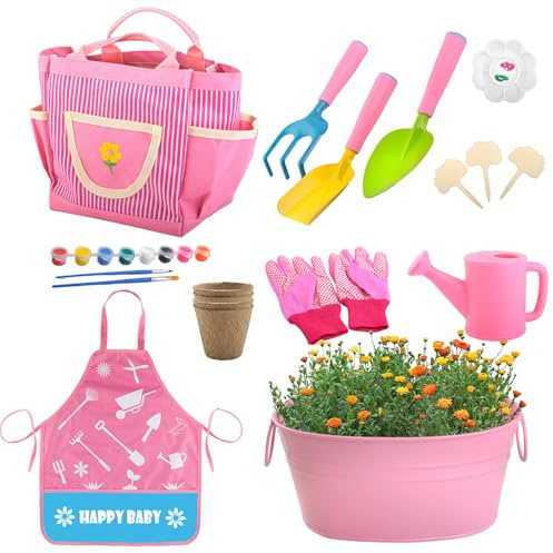 Juego de Herramientas de Jardinería para Niños,Maceta Rastrillo Delantal | Kit de Jardinería con Delantal y Guantes - para Niños y Niñas en Exterior, Patio, Césped, Playa, Viaje, Juego, Cumpleaños y
