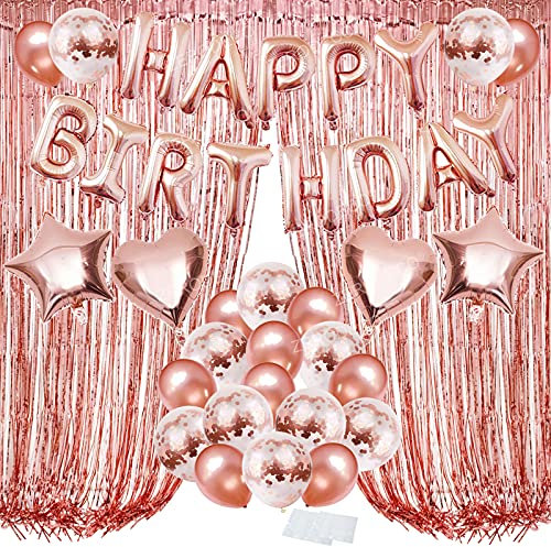 ZERODECO Geburtstagsdeko Rosegold Set, Happy Birthday Buchstaben Ballons Folienvorhänge Mylarfolie Stern und Herzform Ballons Konfetti Luftballons