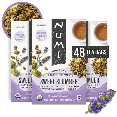 Numi Organic Tea Sweet Slumber with Chamomile, Valerian Root & Lavender, 16 Count Box of Tea Bags (Pack of 3) Herbal Teasan (Packaging May Vary)