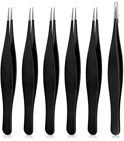 Honoson 6 Pieces Tweezers for Ingrown Hair Remover Pointed Blackhead Remover Point Tip Tweezers Stainless Steel for Nose Facial Hair Eyebrow and Shards(Black)