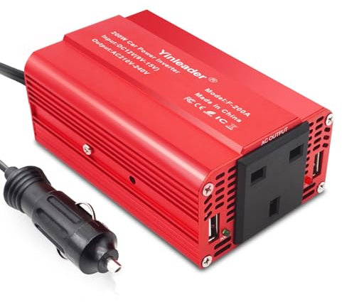 Yinleader Power Inverter 200W 12V to 240V UK Socket Dual USB DC TO AC Converter Car Cigarette Adapter