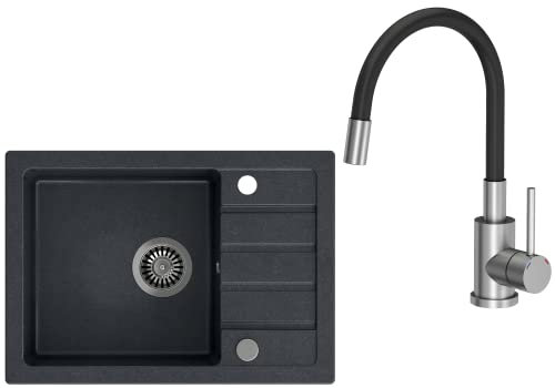 VBChome Spülbecken mit Armatur 62 x 44 cm Schwarz Spüle Einzelbecken Küche Einbauspüle Verbundspüle Küchenspüle gesprenkelt flächenbündig Siphon Waschbecken Spültischmischer mit flexiblem Auslauf