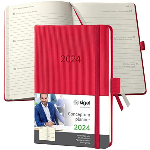SIGEL C2465 Terminplaner Wochenkalender 2024, ca. A6, rot, Hardcover, 176 Seiten, Gummiband, Stiftschlaufe, Archivtasche, PEFC-zertifiziert, Conceptum