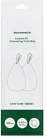 SONGMICS Heavy-Duty Bin Bags, Drawstring Rubbish Bags for 4-5.3 Gallon (15-20 L) Kitchen Bins, Pre-Separated, Liner Code 020A01, 1 Roll, 40 Pieces, White KRB020A01
