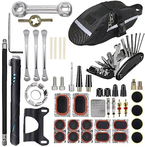 EDIONS Bike Repair Tool Kit, Portable Bike Patches Fixes Tool Kit with Multitool Hex Key Wrench, Mini Bike Pump, Bike Tire Lever, Bike Tube Patch for Road Mountain Bikes