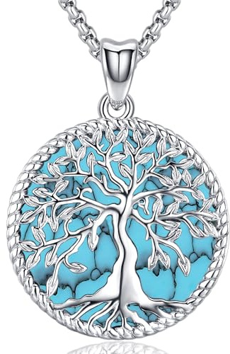 Friggem Collar de Mujer de Plata de Ley 925 Árbol de la Vida Colgante, Collar Turquesa Familiar Joyas para Mujer Niña