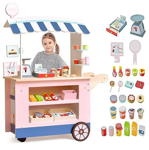 INFANS Wooden Grocery Store Marketplace Toy, Market Stand Shop Pretend Play Set with Universal Wheel Food Scale Cash Register Beverage Rack 30 Accessories Gift for Ages 3+
