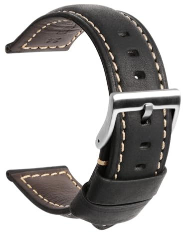 TStrap Cinturino Pelle Orologio 24mm - Nero Cuoio Vintage Elegante Cinturini Uomo - Flessibile Spessore Militari Bracciale di Ricambio Fibbia per Smartwatch - 20mm 22mm 24mm