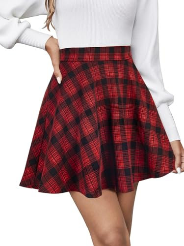 REORIA Damen ausgestellte A-Linie Faltenröcke Mini Karierter Rock Tennis Schule Tanz Skort Cheerleader Kostüm Rot Kariert S