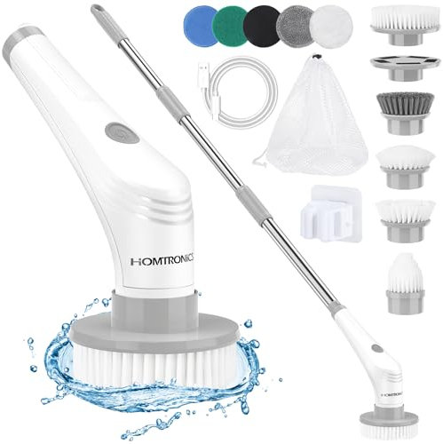 Spazzola Elettrica Rotante, [Nuova Versione] Homtronics Spazzola Elettrica per Pulizia, Impermeabile IPX8 Spazzola Rotante Pulizia Casa con 10 Testine Sostituibili per Bagno Vasca Cucina Auto