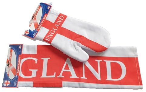 England Cotton Blend Tea Towel and Oven Glove/BBQ Mitt, Red and White St George Design, Kitchen Accessories