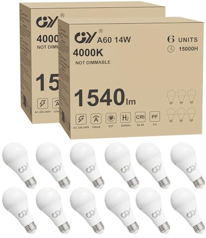 GY Lampadine LED E27 14W (Equivalenti a 100W) A60 Lampadina LED E27 4000K Luce Naturale, 1540 Lumen, Fascio 280 Gradi LED, A60 Lampada a Risparmio Energetico, Lampadine LED Non Dimmerabili, 12 Pezzi