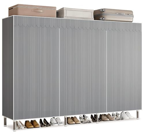 Dictstarst Kleiderschrank Stoffschrank Stabil, Stoff Faltschrank Für Schlafzimmer Mit Kleiderstange & Ablagen, Ankleidezimmer Garderobe Mit Kleiderständer 207x46x173cm Graue Streifen