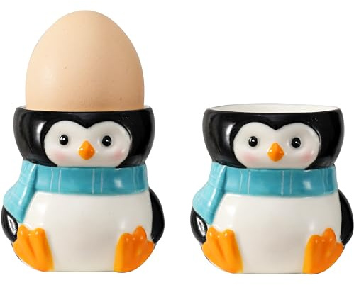 WW STYLE Lot de 2 coquetiers en céramique de qualité supérieure - Design Pingouin Mignon - Porcelaine - Support à œufs - Décoration - Cadeau de Noël - Anniversaire - Famille - Amis - Enfants